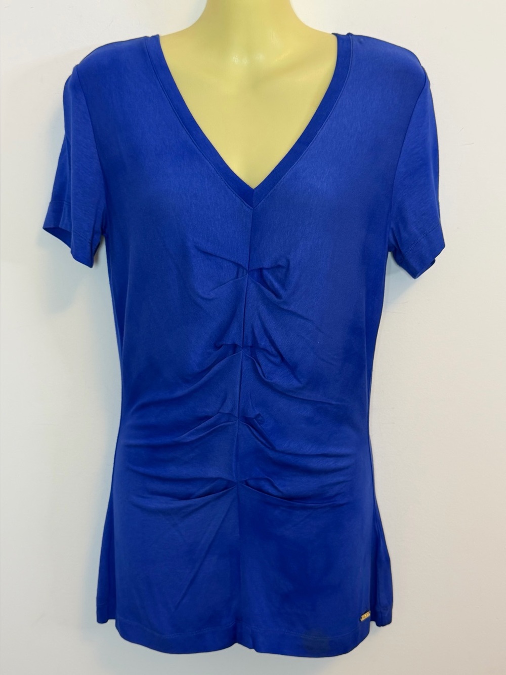 Escada Cobalt Blue Short-Sleeve V-Neck Tee with Front Ruching